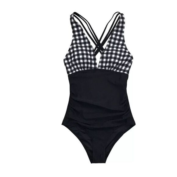 NWT Women's CUPSHE Gingham Tummy Control Cross-Back One-Piece Swimsuit M - Picture 1 of 10